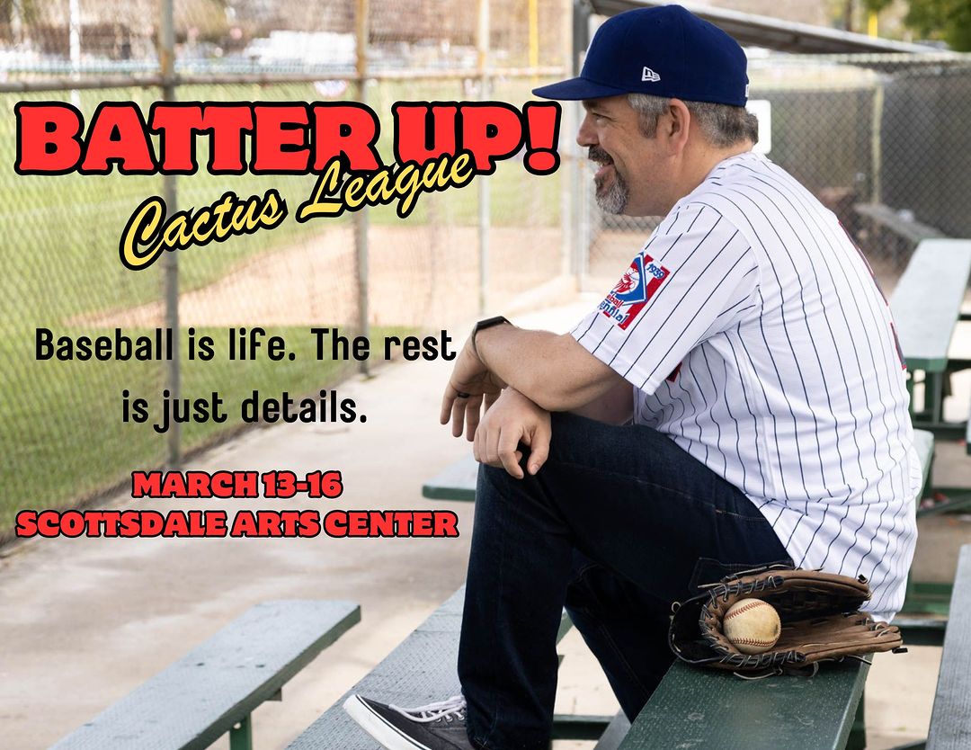 Man on bench with baseball event details.