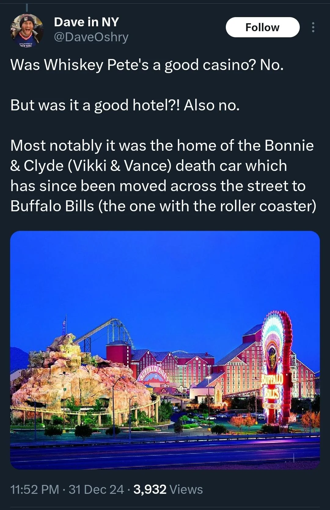 A tweet featuring a photo of Buffalo Bill's Hotel and Casino with roller coaster in Primm, NV.